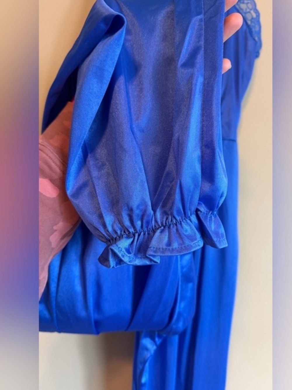 Vintage 80s Lady Cameo Royal Blue Nylon Lace Lounge Jumpsuit M - Picture 3 of 10